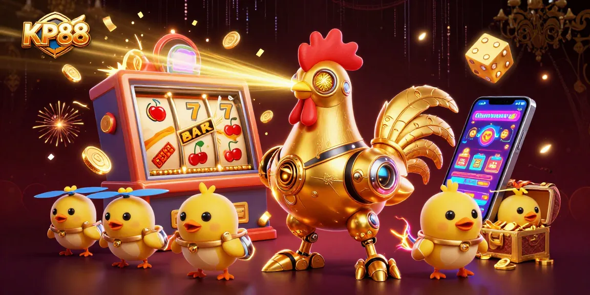 Engage with KP88's thrilling gaming world featuring a golden rooster robot amidst jackpot excitement.