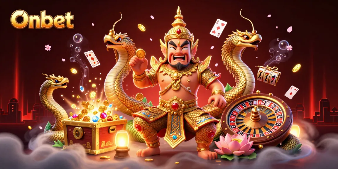 Experience the thrill of Onbet with a dynamic casino scene featuring slot reels and a roulette wheel.