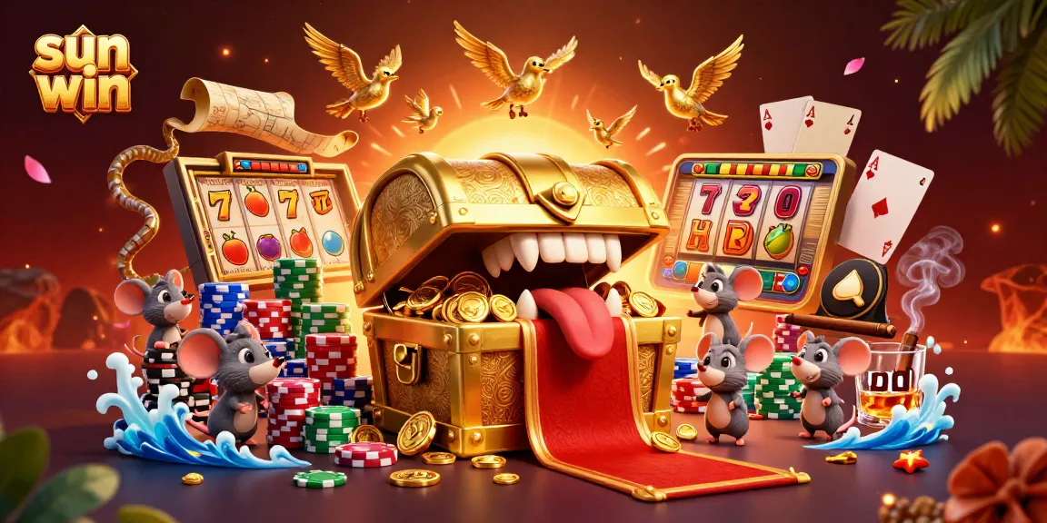 Spin to win jackpots at sun win with a treasure chest and vibrant casino elements