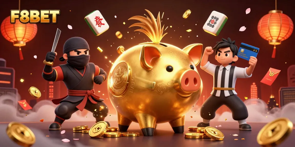 Engage with F8BET at a vibrant online casino, showcasing a dynamic 3D art scene.