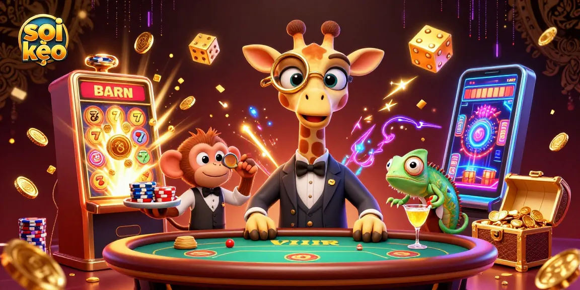 Soi kèo: Captivating scene of a giraffe gambler, monkey valet, and chameleon bartender in a vibrant casino.