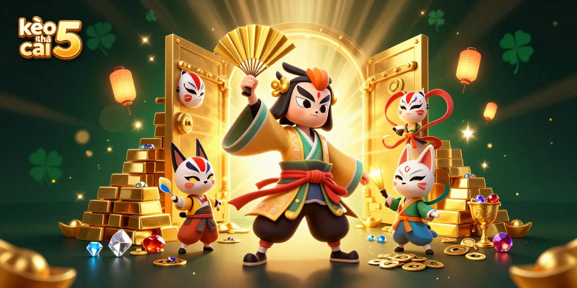 Engage in exciting betting action with kèo nhà cái 5, featuring vibrant 3D characters and sparkling treasure.
