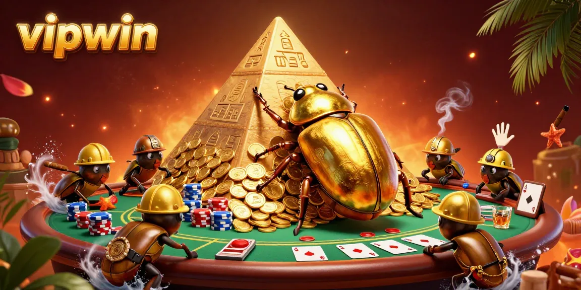 Experience thrilling gameplay at vipwin with captivating poker scenes featuring golden beetles and vibrant casino elements.