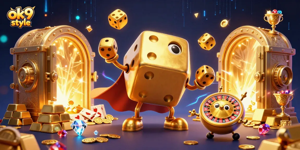 Experience thrilling action with ok9 style as the golden dice golem juggles winnings in this vibrant casino scene.
