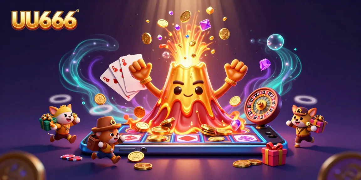 Spin the reels at UU666 with a golden volcano erupting coins and treasure in a vibrant casino scene.