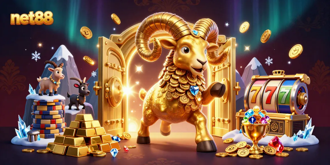 Engage with net88's thrilling casino experience featuring a golden ram charging through a sparkling treasure scene.