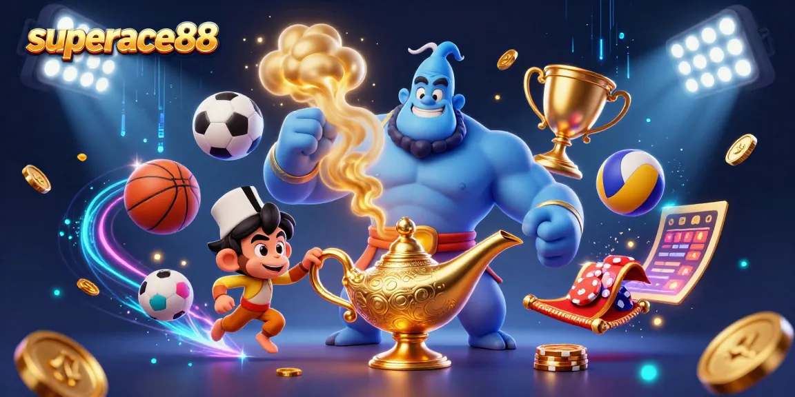 Experience the thrill of winning at superace88 in this dynamic casino illustration featuring a genie and sports elements.
