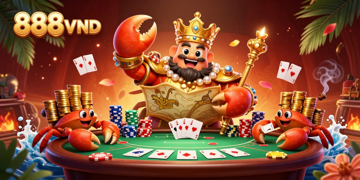 Experience the excitement of 888VND with a vibrant 3D casino scene featuring a golden crab emperor.