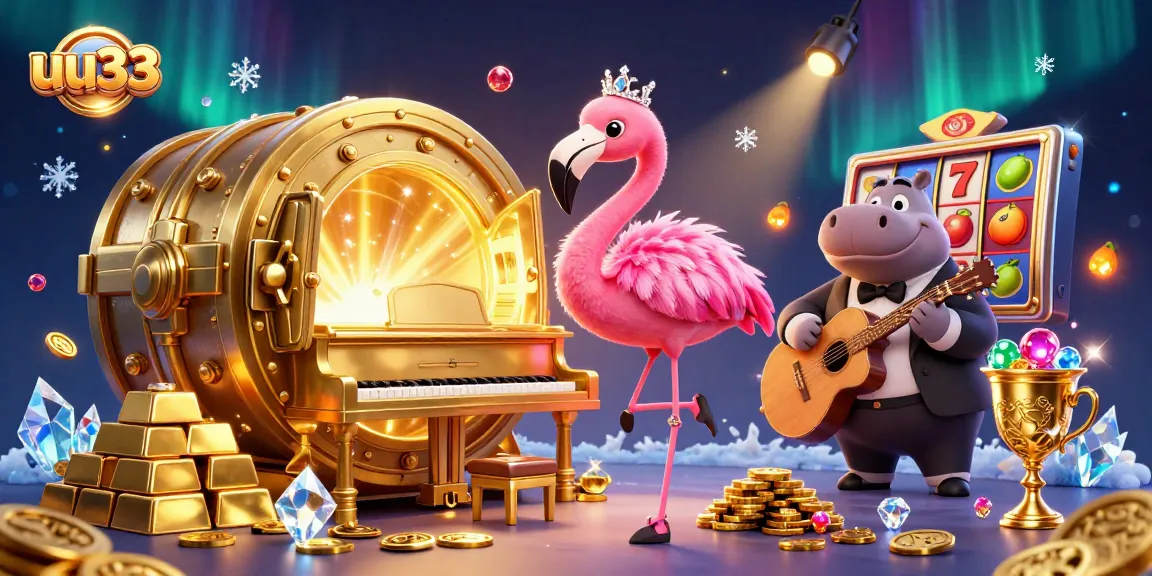 Experience exciting wins at uu33 with a vibrant casino scene featuring a flamingo singer and gold treasures.