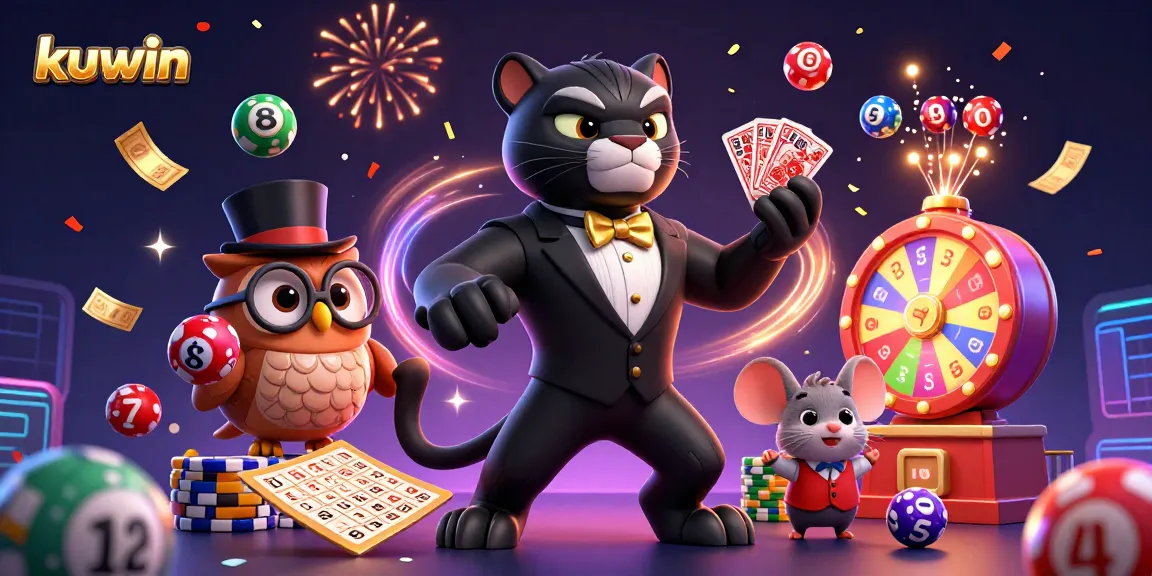 Kuwin enhances gaming excitement with a stylish black panther dealing cards amidst a colorful casino celebration