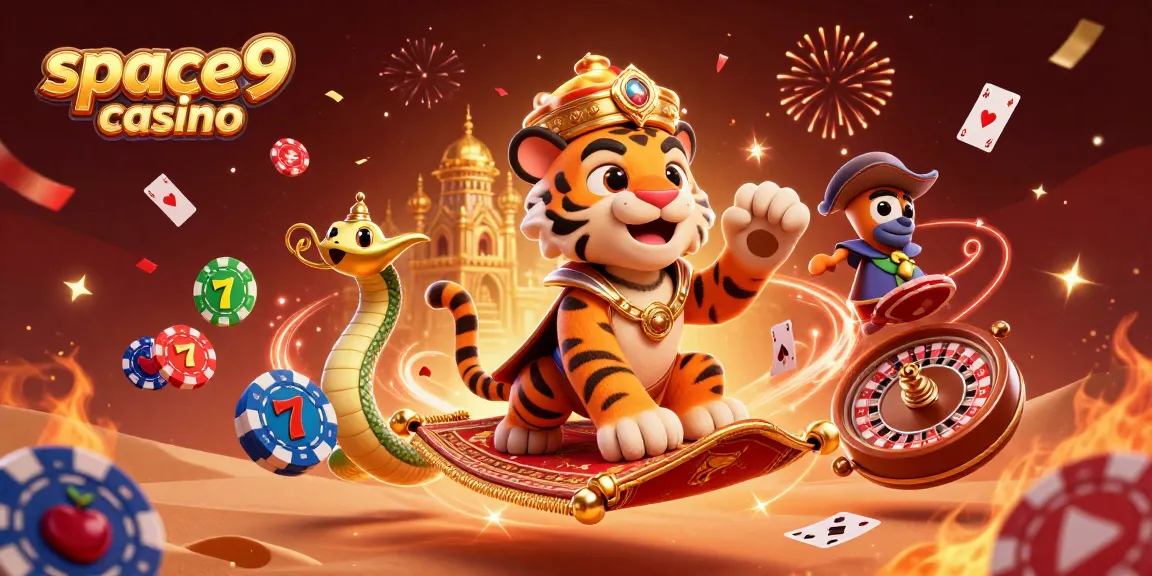 Experience the thrill of space9 casino with vibrant slot reels and characters in an engaging 3D illustration.