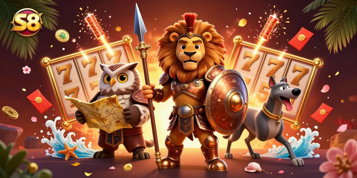 S8 casino action scene with a Spartan lion, owl strategist, and greyhound messenger amidst slot reels and festive elements