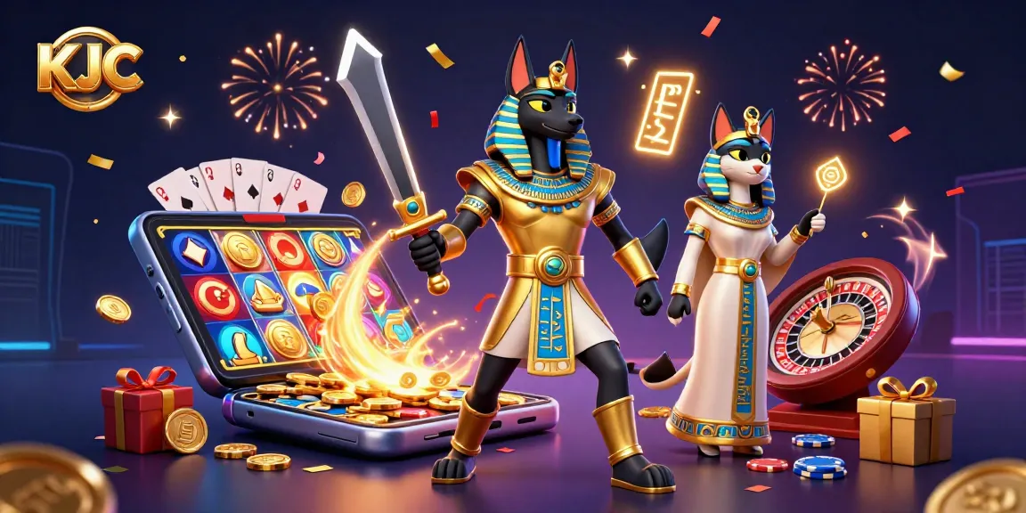 KJC engages players with an exciting 3D casino scene featuring Anubis and Bastet amidst slot games and vibrant rewards.