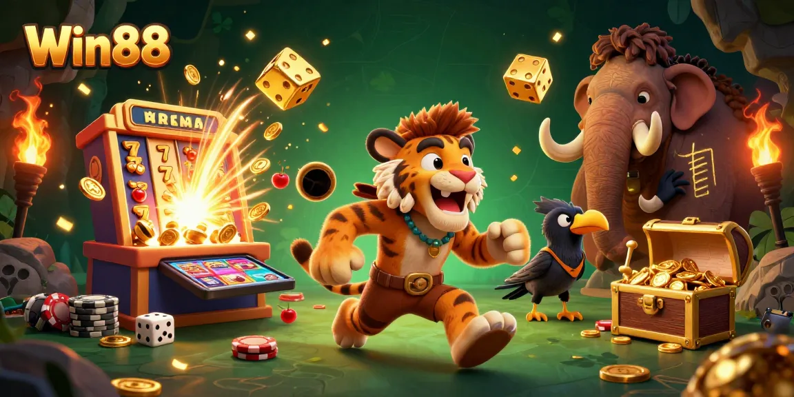 Win88 showcases a lively casino scene with a caveman duo, slot machine, and vibrant game elements.