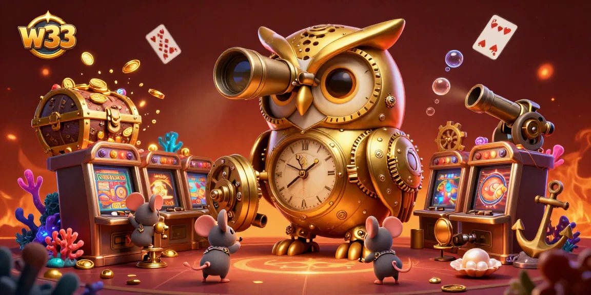 w33 offers a magical casino scene featuring a cartoon owl and charming mice among vibrant games.