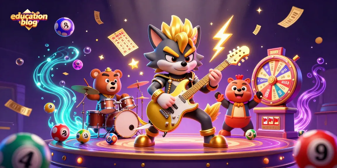 Engaging education blog illustration with a rock star wolf and drummer bear featuring dynamic casino elements