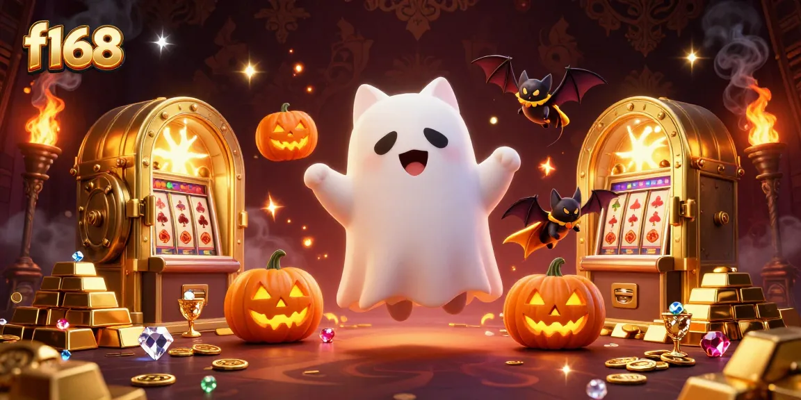 Experience thrilling f168 adventures with a ghost cat and vampire bat in a haunted casino scene.