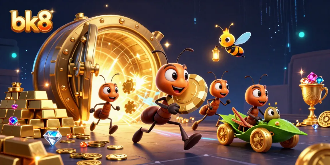 Experience the thrill of bk8 with a team of animated ants stealing a giant poker chip amidst treasures!