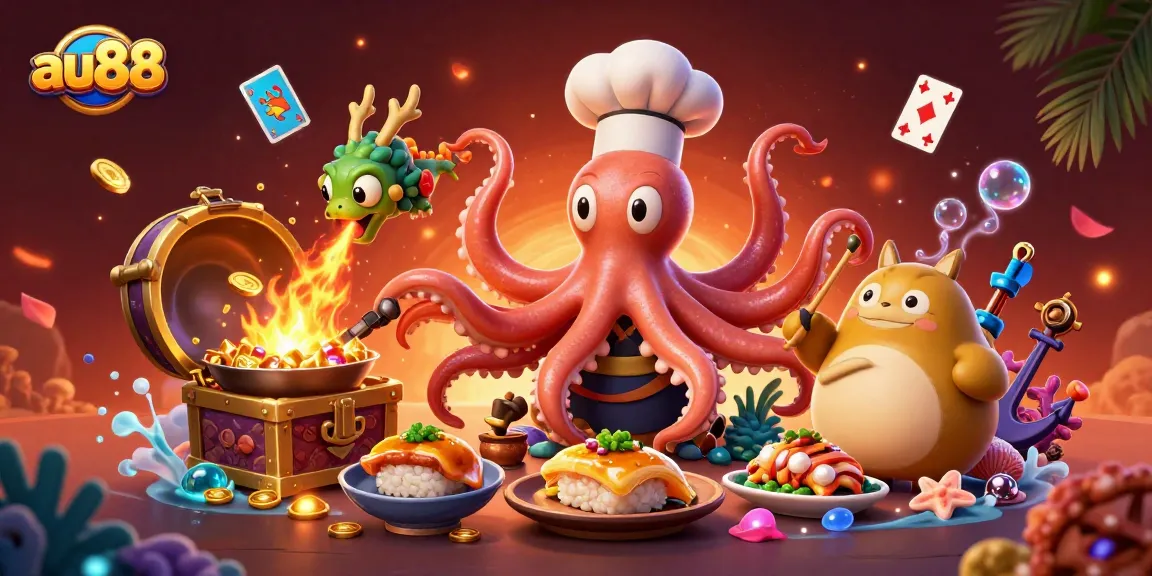 Join au88 for exciting gambling action featuring an octopus chef, a dragon, and a tanuki in a vibrant casino