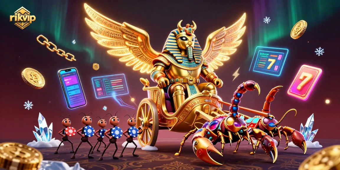 Win big with rikvip in this ultra-detailed 3D illustration featuring a pharaoh beetle and crypto themes.