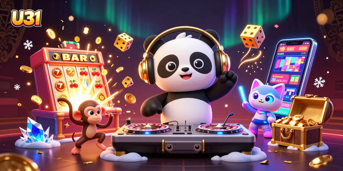 Spin to win at U31, featuring a DJ panda and monkey amid slot machine jackpots.