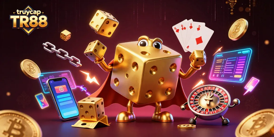 Join the excitement with truy cập TR88, featuring a dynamic 3D casino illustration of a golden dice golem and cryptocurrency elements.