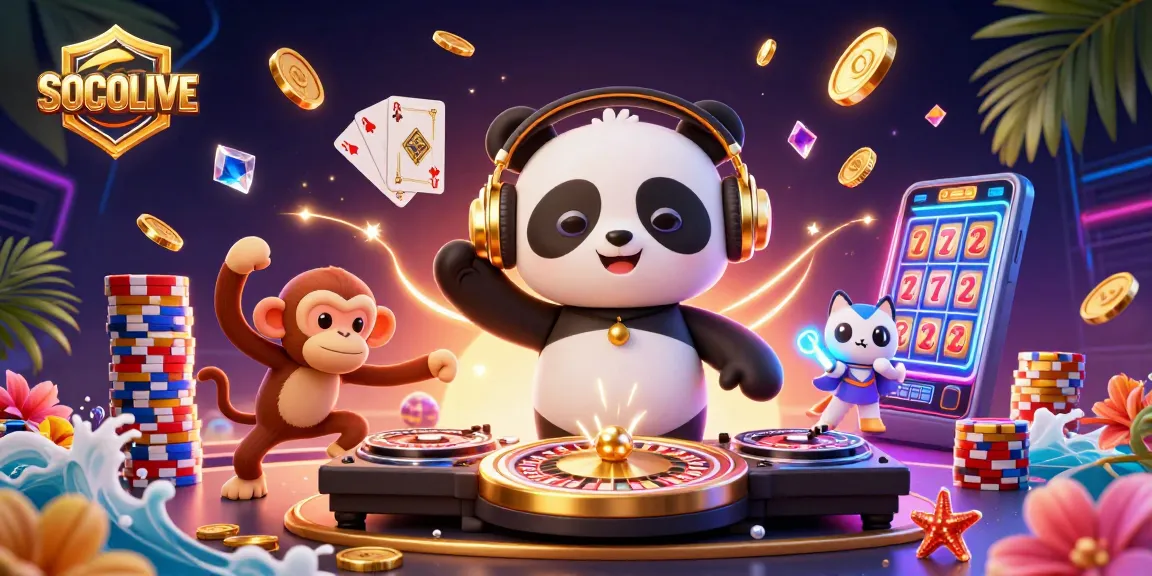 Experience the excitement of SOCOLIVE with a vibrant 3D casino scene featuring animated characters and dynamic gaming elements.