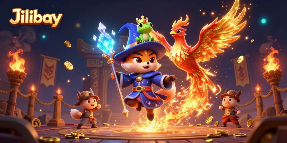 Experience the thrill of Jilibay with a magical 3D casino scene featuring a wizard, phoenix, and enchanted elements.