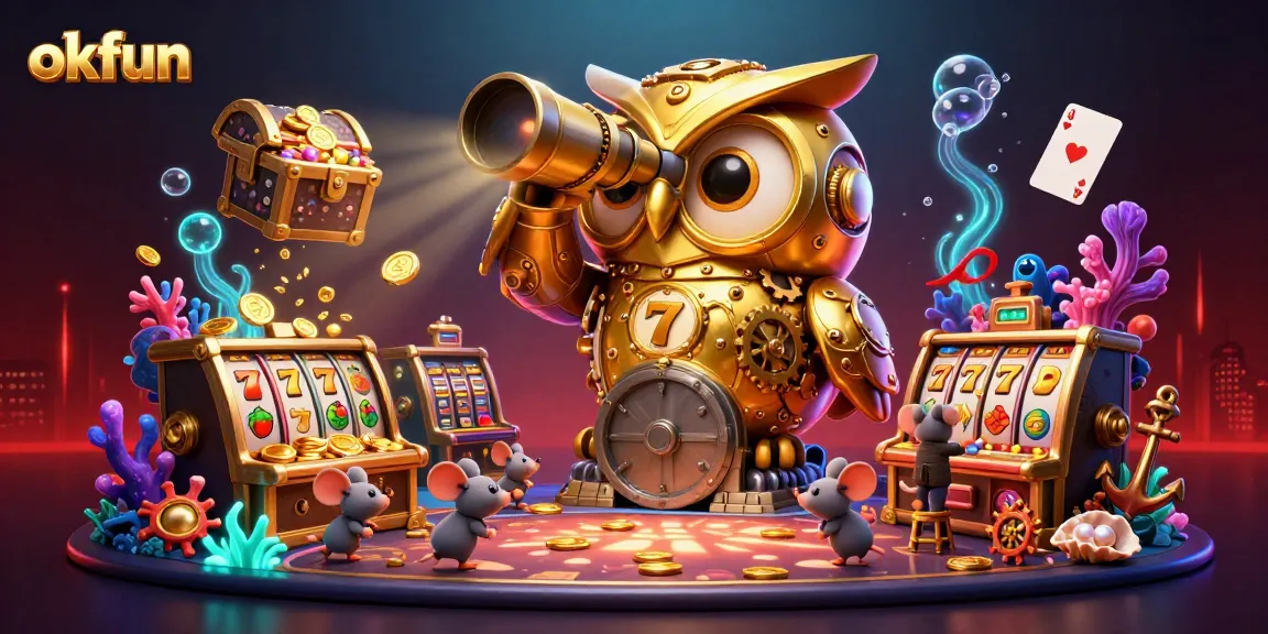 Experience the excitement of okfun with a dynamic casino illustration featuring cartoon characters and vibrant game elements.