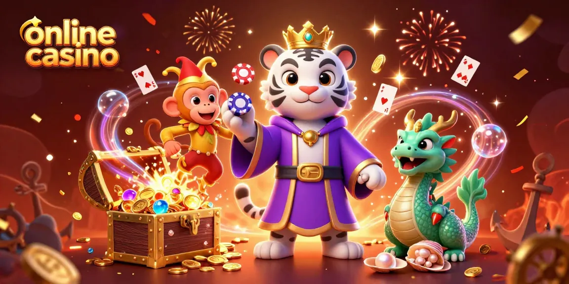 Engaging scene of online casino characters with vibrant gemstones and poker chips in a dynamic celebration.