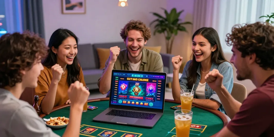 Excited friends celebrating a win at 78win online casino with vibrant atmosphere.