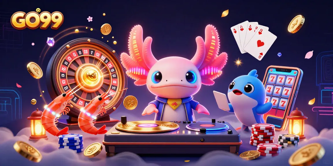 Experience the vibrant GO99 casino scene with an axolotl DJ surrounded by thrilling gaming elements.
