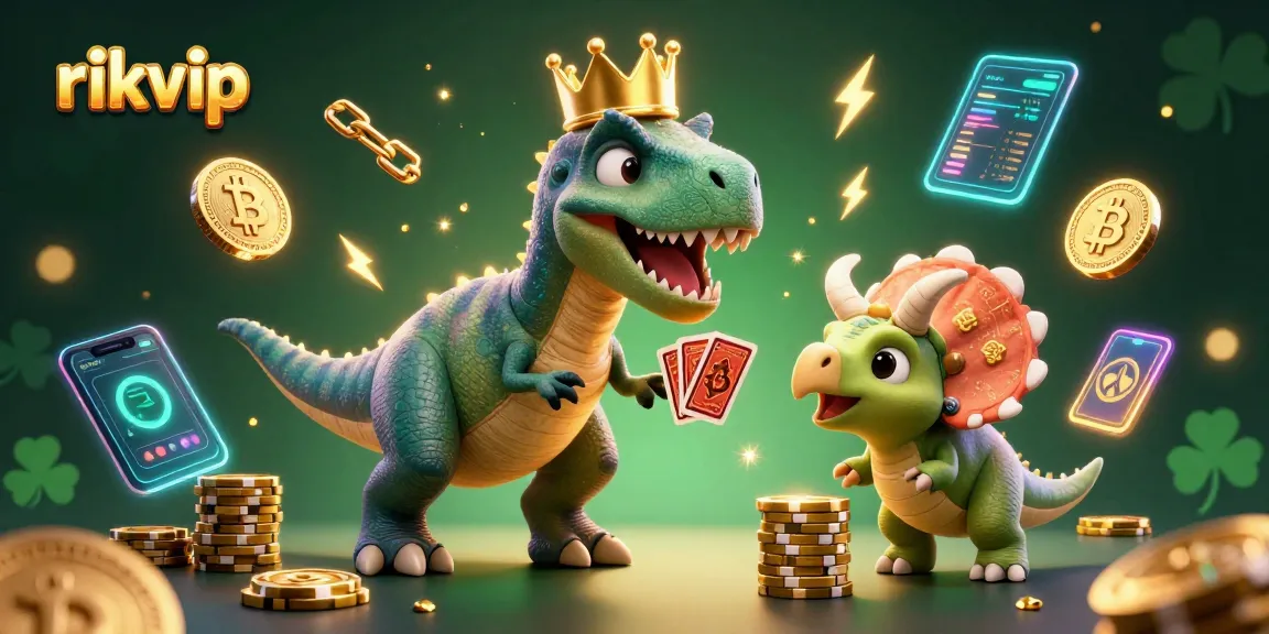 Engage with rikvip as cartoon characters navigate a vibrant crypto casino scene featuring fun elements.