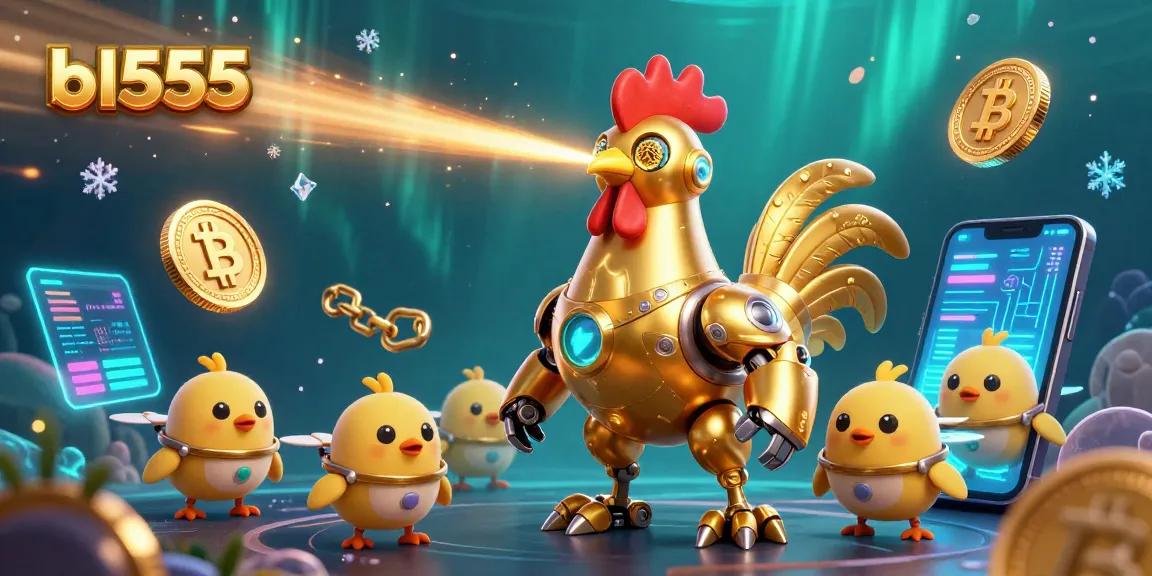 Experience bl555's immersive casino scene with a futuristic rooster robot and crypto elements.